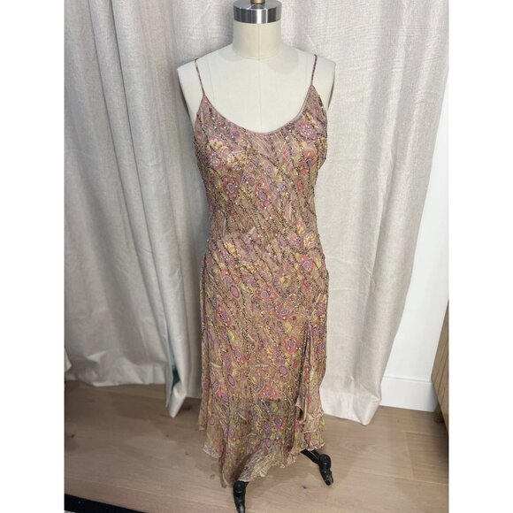 Vtg GEORGIOU STUDIO Silk Beaded Slip Dress 90s Y2K Boho Evening Cocktail Size 12 - Picture 1 of 6